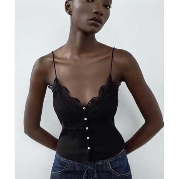 zara ribbed top with lace and buttons in black - Picture 2 of 10